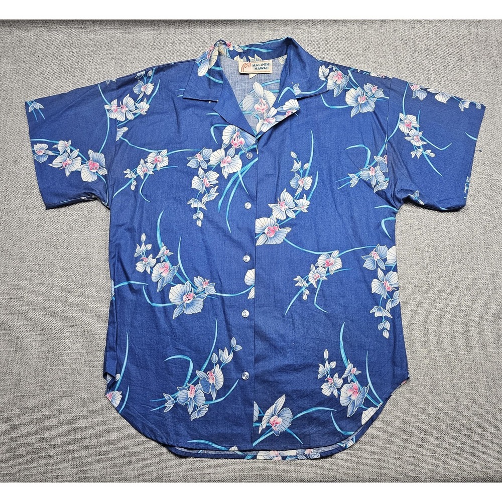 Vintage Malihini Hawaii Shirt Mens Medium Blue Floral Orchid Hawaiian Cotton 90s